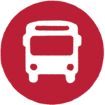 Red and white graphic of a bus