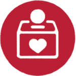 Red and white graphic of a savings box with a heart and coin