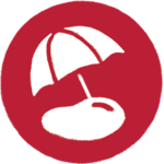 Red and white graphic of an umbrella on a beach