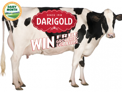 Free Groceries for a Year Artwork featuring a holstein cow, the Darigold logo and a June Dairy Month Badge