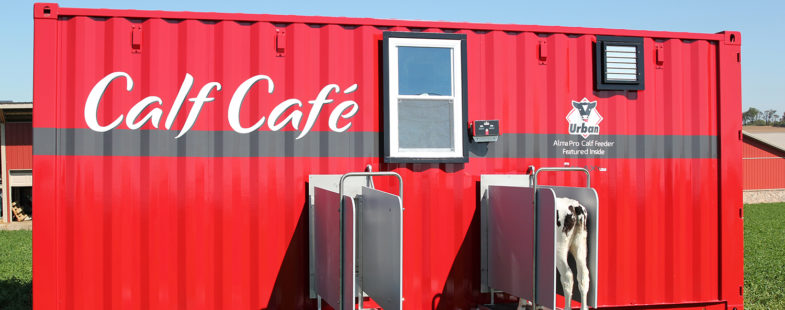 A red repurposed shipping container