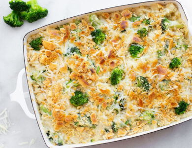 A casserole dish with cheesy broccolii dish