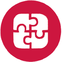 Red and white icon of four puzzle pieces