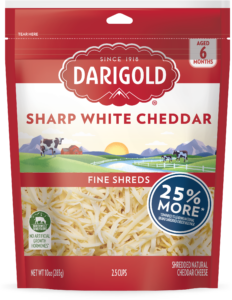Product image of Darigold Sharp White Cheddar Shredded Cheese in a resealable 10 ounce bag