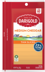 Product image of Darigold Medium Cheddar Sliced Cheese in a resealable 10 ounce bag