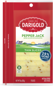 Product image of Darigold Pepper Jack Sliced Cheese in a resealable 10 ounce bag
