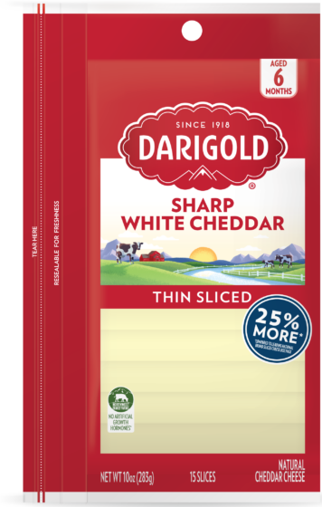 Product image of Darigold Sharp White Cheddar Sliced Cheese in a resealable 10 ounce bag