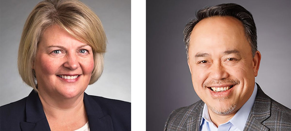 Side-by-side portraits of a male and female corporate executive posing for the camera