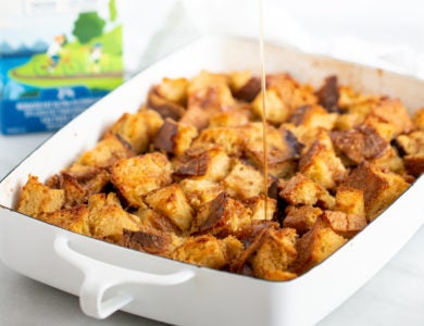 French toast casserole in a white serving dish