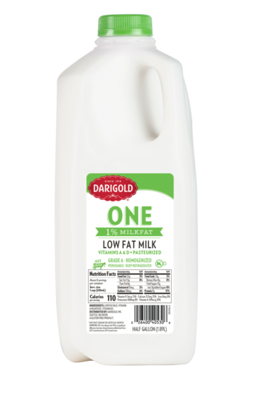 Product image of Darigold 1 percent low fat milk in a half gallon jug