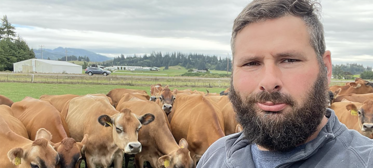 A man poses for the camera with a small group of brown cows behind him