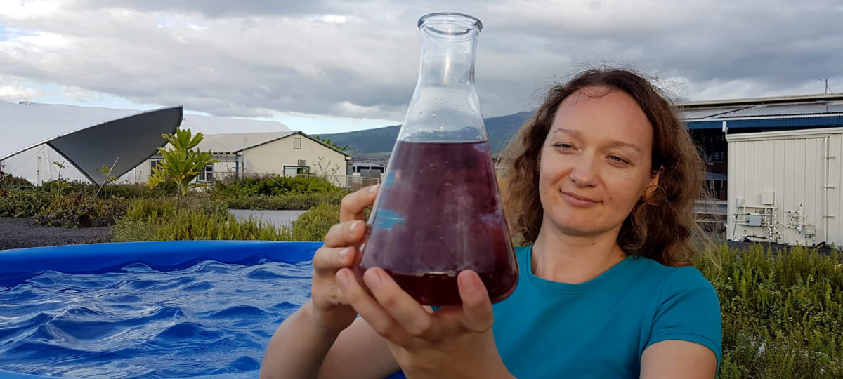 Women holding a giant flask of red macro algae