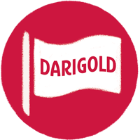 Red and white graphic with a flag that reads Darigold