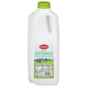 Lowfat Darigold Buttermilk in a half gallon with a green lid