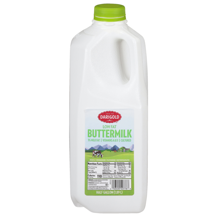 Lowfat Darigold Buttermilk in a half gallon with a green lid