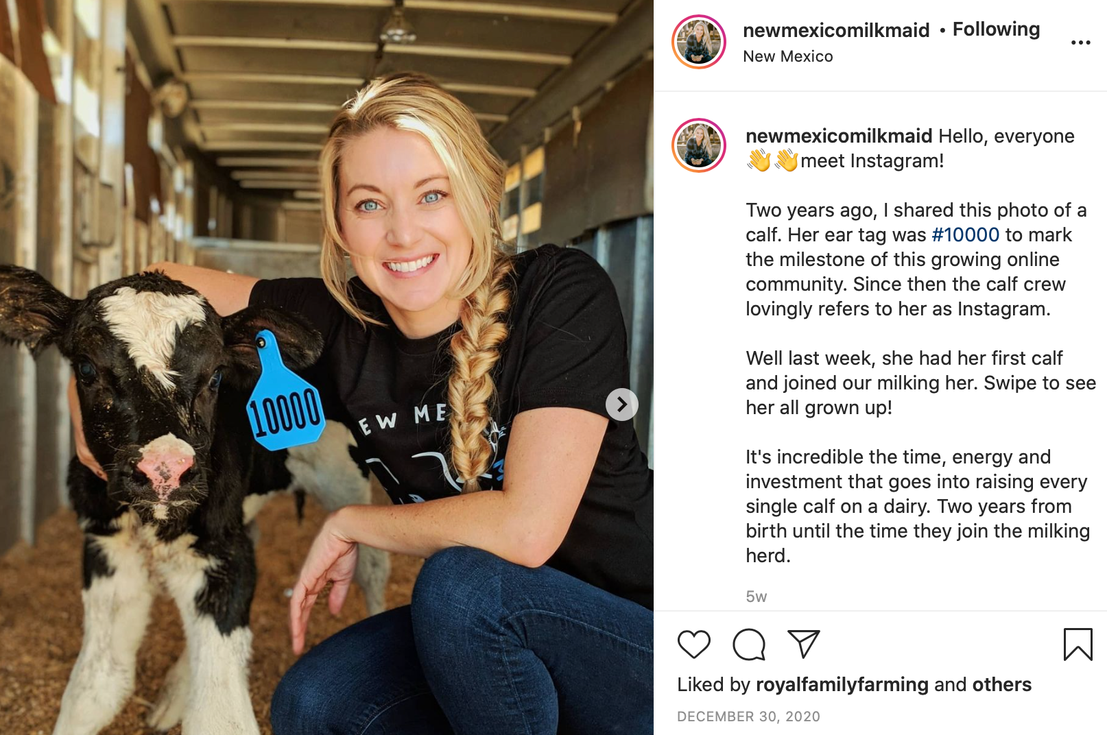 Screengrab of an Instagram Post with a blonde woman with a calf