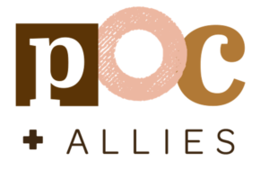 neutral colored logo with letters p, o and c with plus sign and allies on the second row