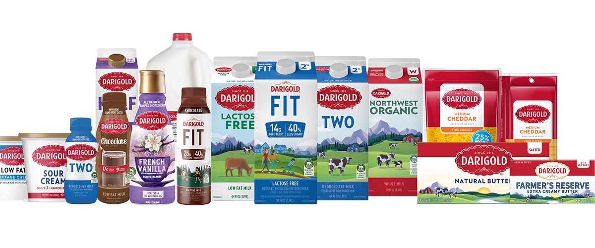 Product photograph showing a family of colorful Darigold dairy products