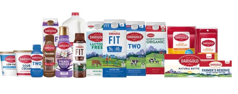 Product photograph showing a family of colorful Darigold dairy products