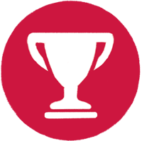 red and white icon with a trophy