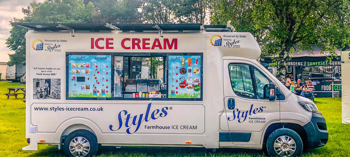 A solar-powered ice cream van on green grass