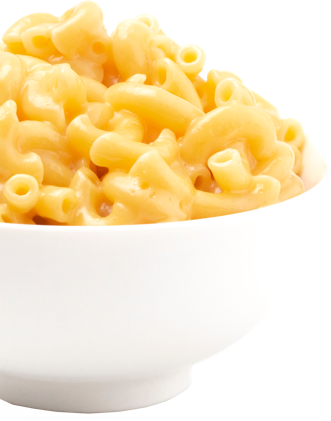 A closeup shot of Mac and cheese in a white bowl