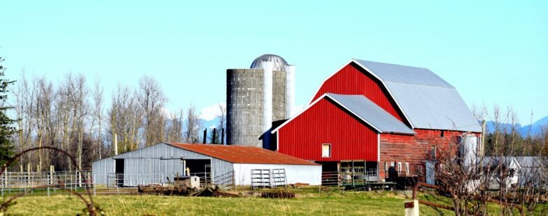 Several barns and 2 silos with field in the foreground