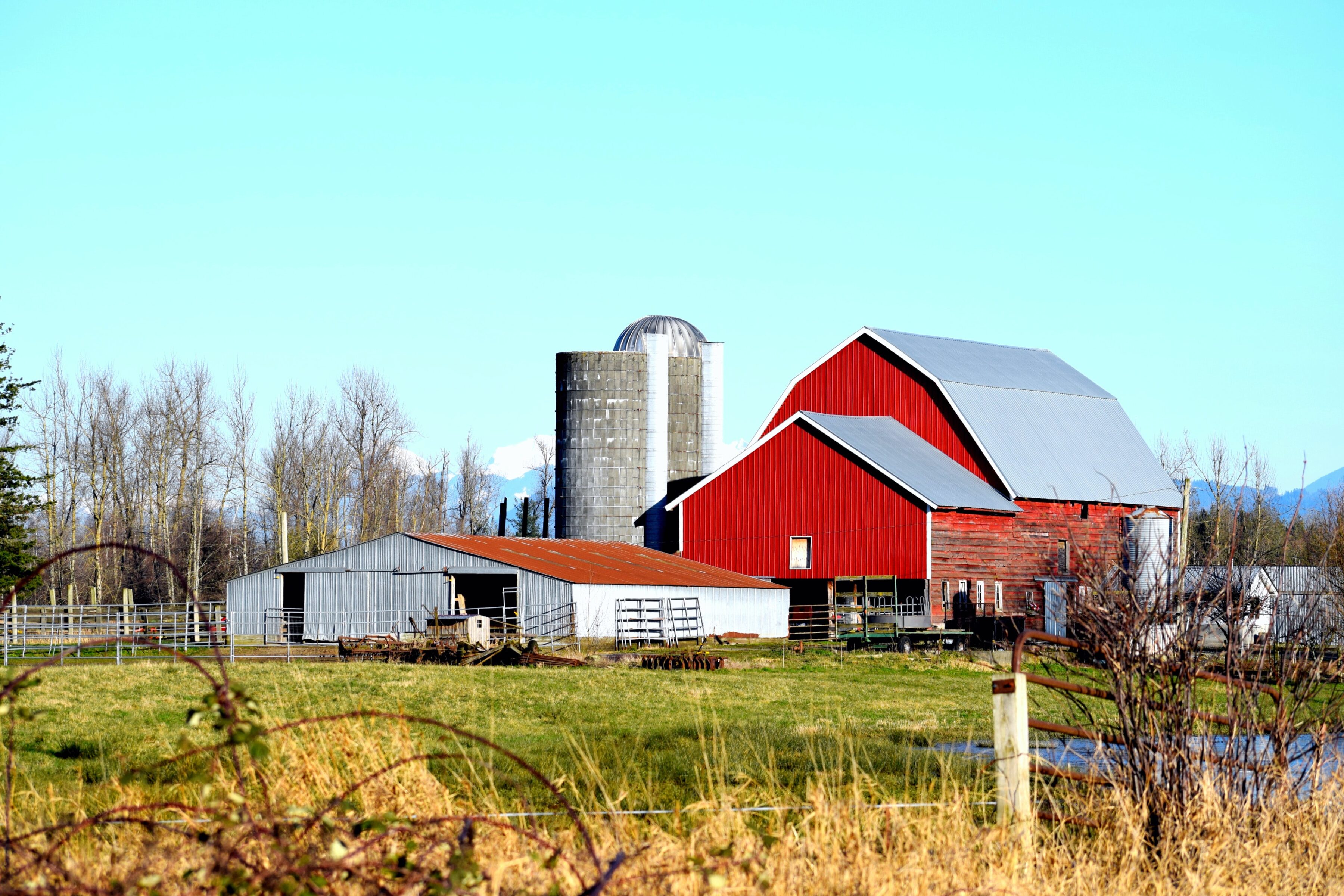 Several barns and 2 silos with field in the foreground