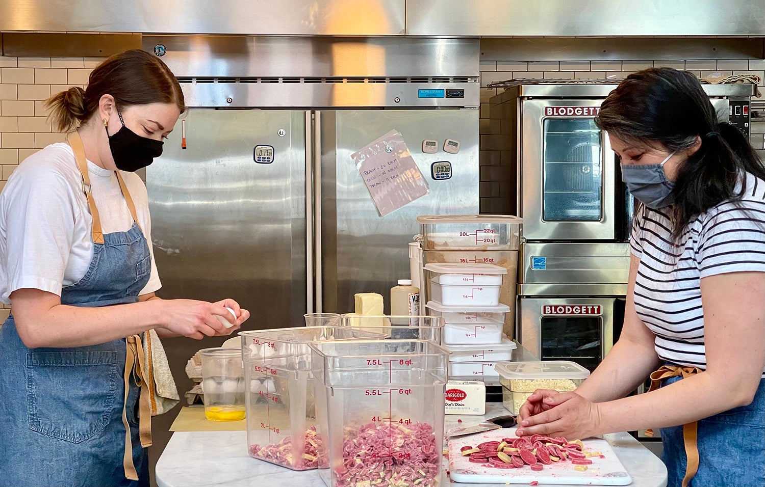 Two women baking in a commercial kitchen