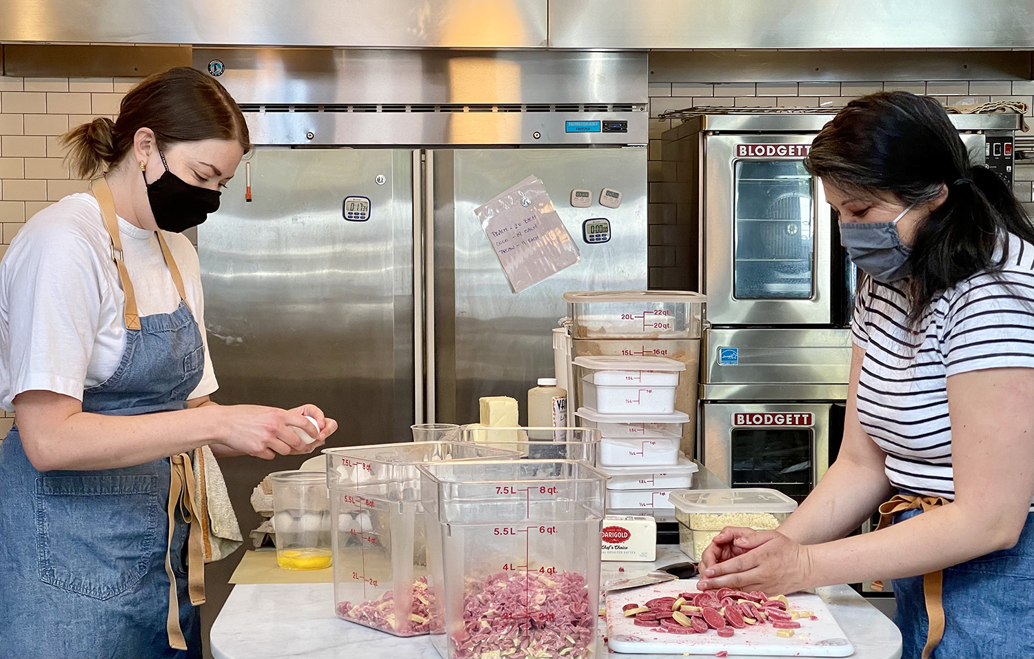 Two women baking in a commercial kitchen